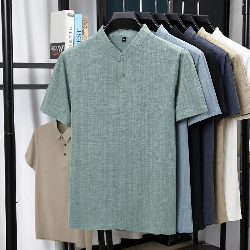 Linen Shirt Breathable - Heren overhemden met mandarijnkraag, halve knoopsluiting,
