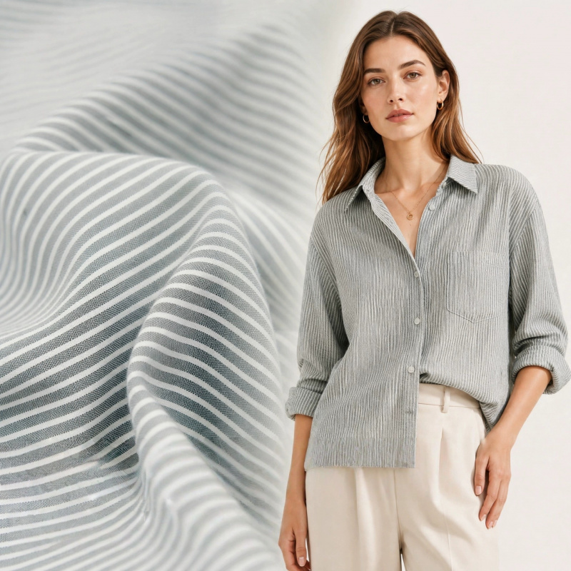 Linen Shirt Breathable - Grijs-witte, fijn gestreepte, ademende katoen-linnen stof