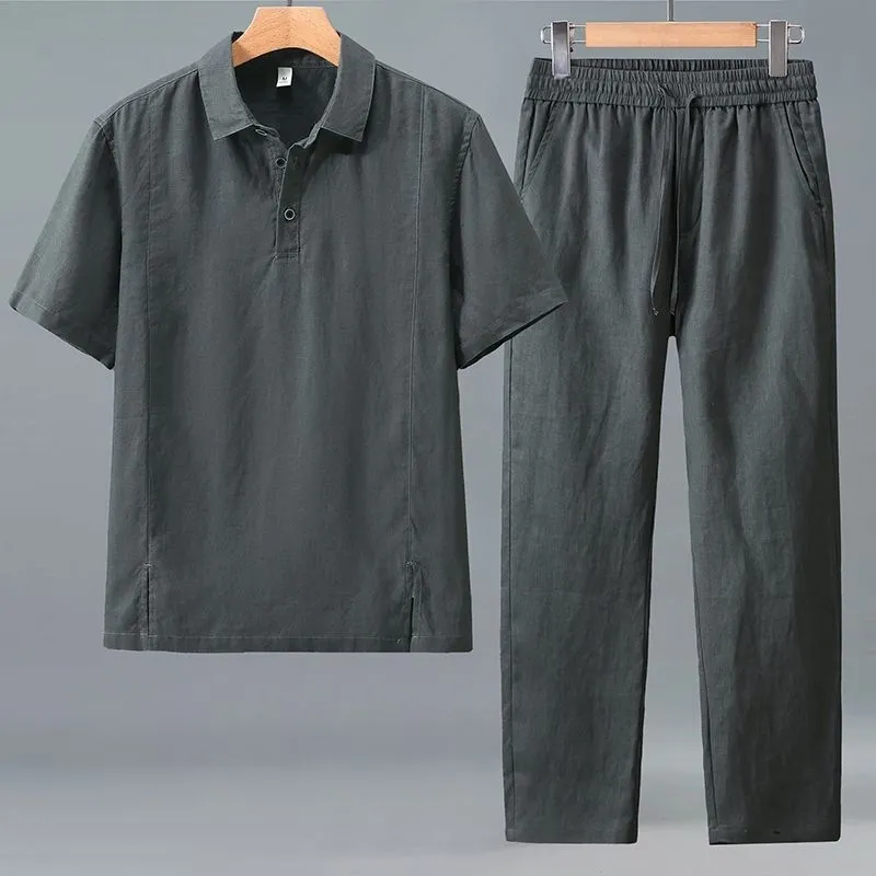 Short Linen Drawstring - Heren Plus Size Zomer Linnen Tweedelig